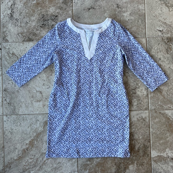 Tommy Bahama Islandzone 3/4 Sleeve Tile Print Isle Tunic Dress, Blue & White, SP - Picture 11 of 11
